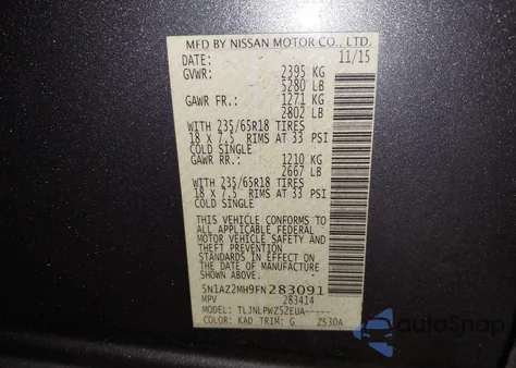 2015 Nissan Murano S z USA, uszkodzony, nr VIN 5N1AZ2MH9FN283091